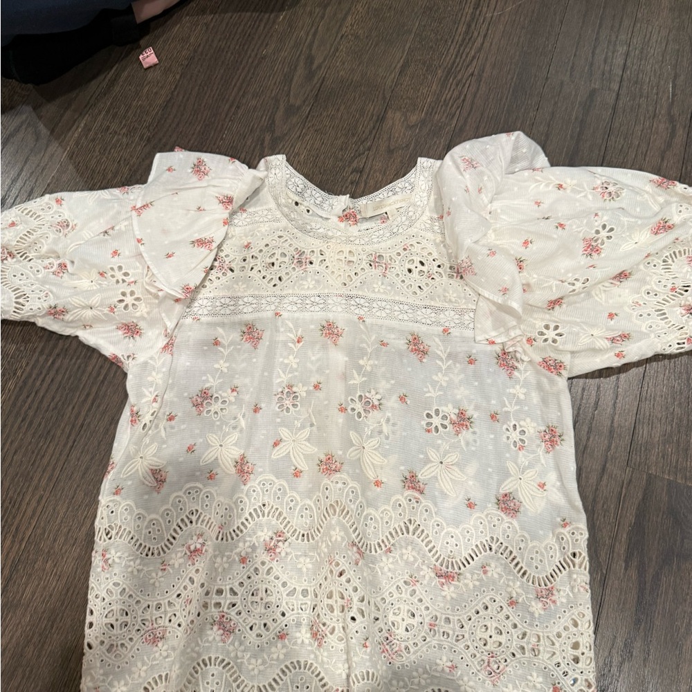 LoveShackFancy Kids Floral Lace Blouse - Cream and Pink